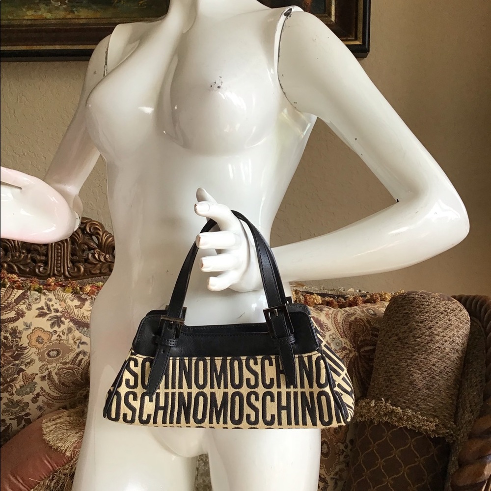 MOSCHINO Black & Tan Leather Trim Small Tote